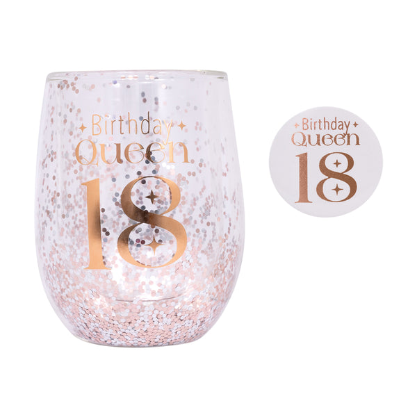 18th Birthday Queen Stemless Glitter Glass & Badge Set