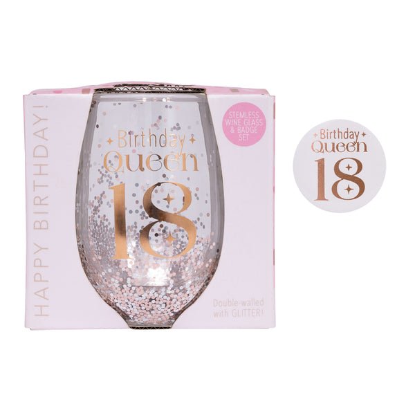 18th Birthday Queen Stemless Glitter Glass & Badge Set