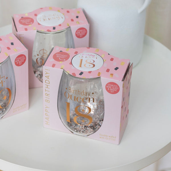 18th Birthday Queen Stemless Glitter Glass & Badge Set
