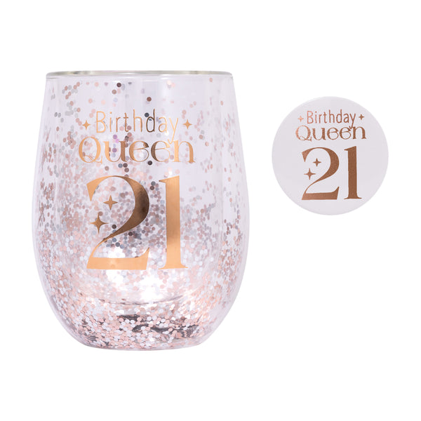 21st Birthday Queen Stemless Glitter Glass & Badge Set