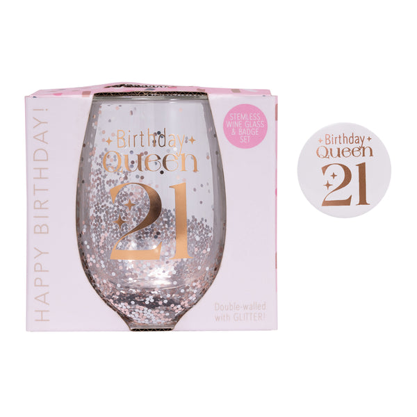 21st Birthday Queen Stemless Glitter Glass & Badge Set