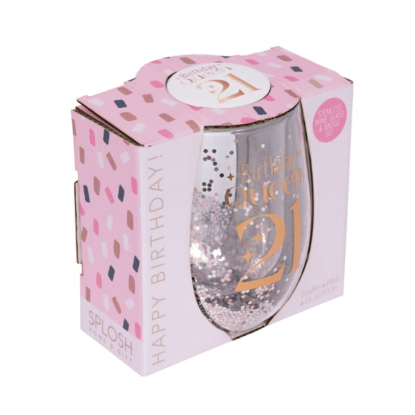 21st Birthday Queen Stemless Glitter Glass & Badge Set