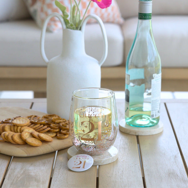21st Birthday Queen Stemless Glitter Glass & Badge Set