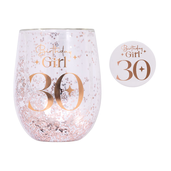 30th Birthday Girl Stemless Glitter Glass & Badge Set