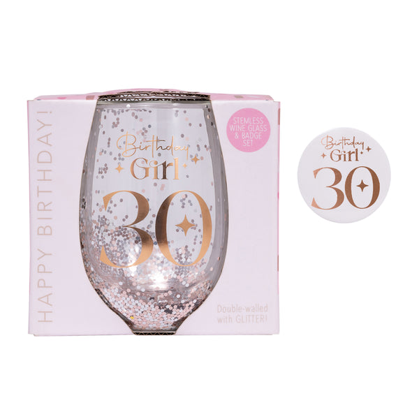 30th Birthday Girl Stemless Glitter Glass & Badge Set