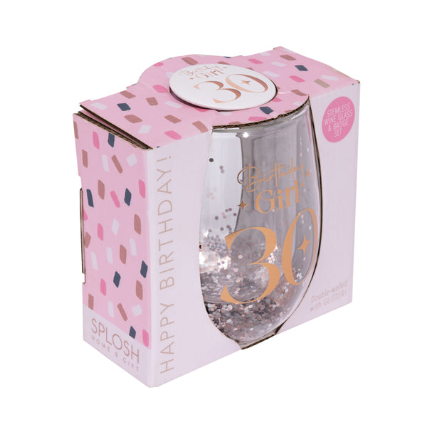 30th Birthday Girl Stemless Glitter Glass & Badge Set