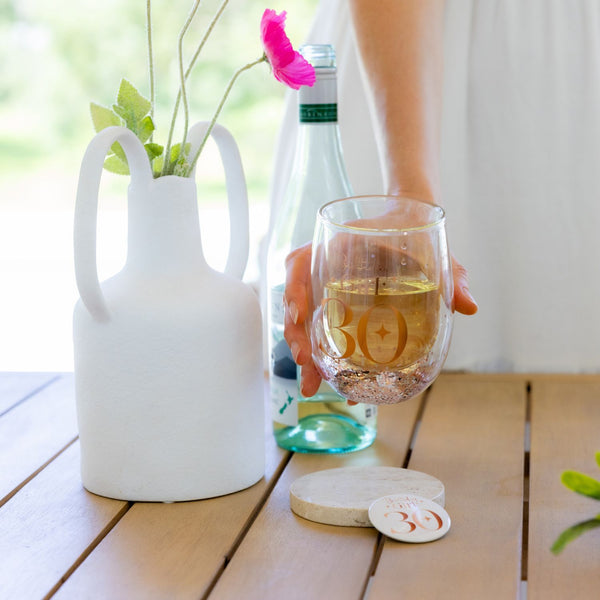 30th Birthday Girl Stemless Glitter Glass & Badge Set
