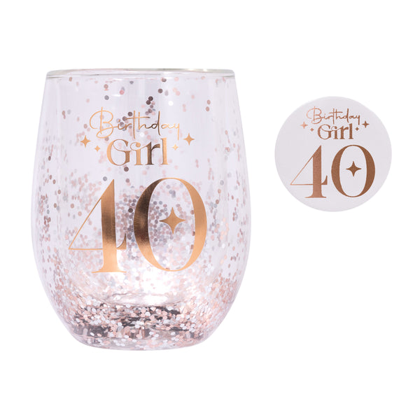40th Birthday Girl Stemless Glitter Glass & Badge Set