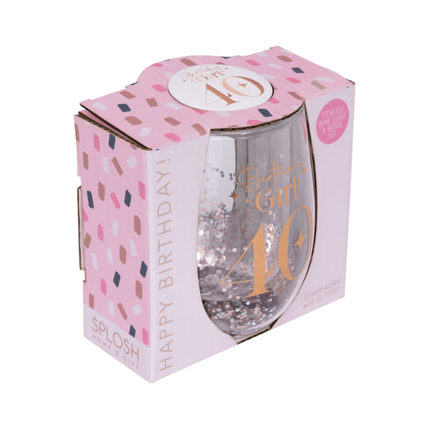 40th Birthday Girl Stemless Glitter Glass & Badge Set