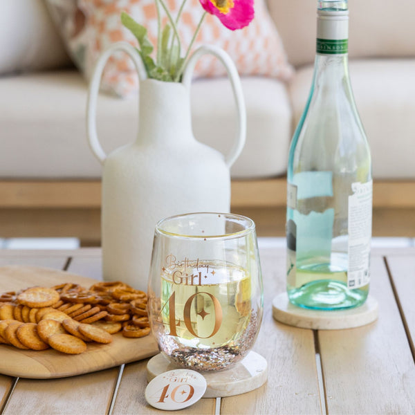 40th Birthday Girl Stemless Glitter Glass & Badge Set