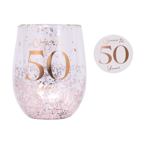 50th Birthday Stemless Glitter Glass & Badge Set