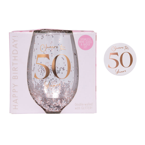 50th Birthday Stemless Glitter Glass & Badge Set