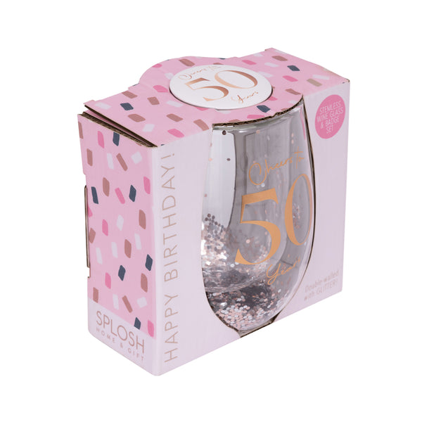 50th Birthday Stemless Glitter Glass & Badge Set