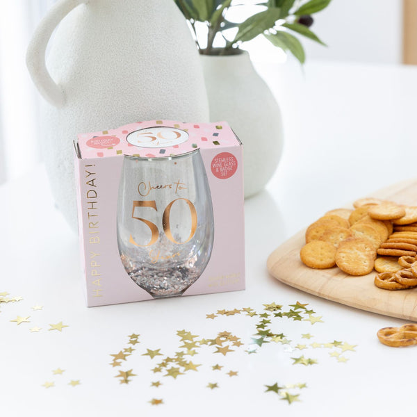 50th Birthday Stemless Glitter Glass & Badge Set
