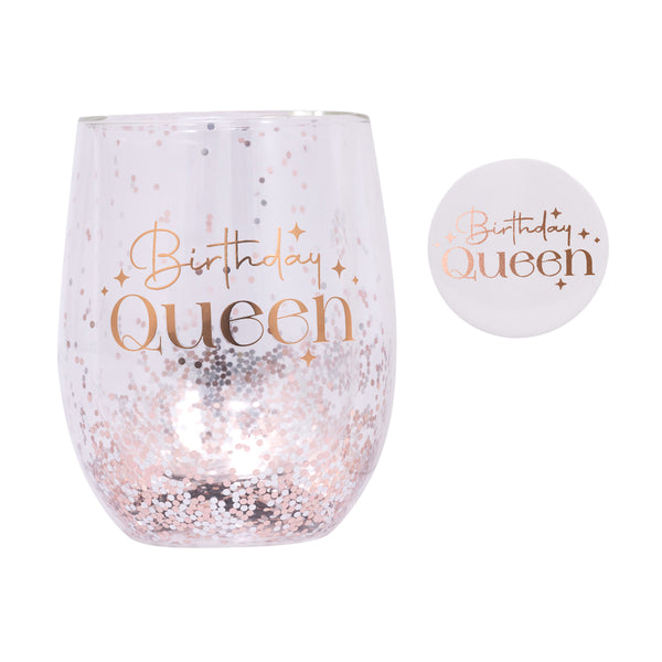 Birthday Queen Stemless Glitter Glass & Badge Set