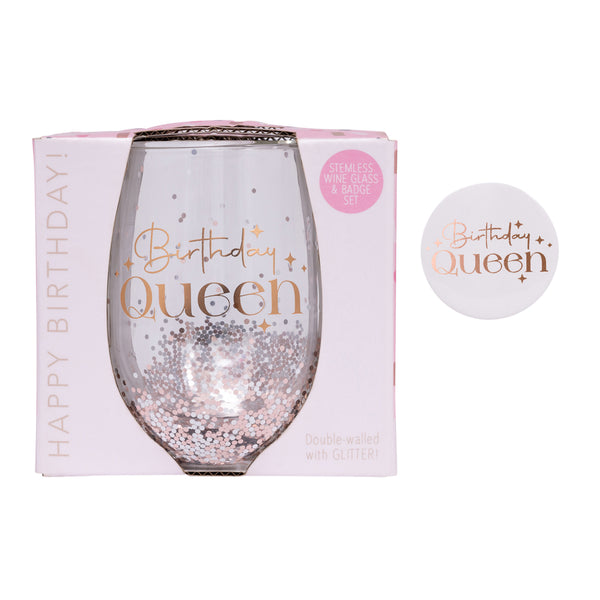 Birthday Queen Stemless Glitter Glass & Badge Set