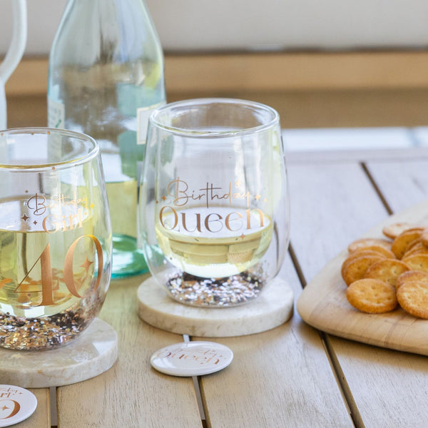 Birthday Queen Stemless Glitter Glass & Badge Set