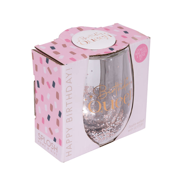 Birthday Queen Stemless Glitter Glass & Badge Set