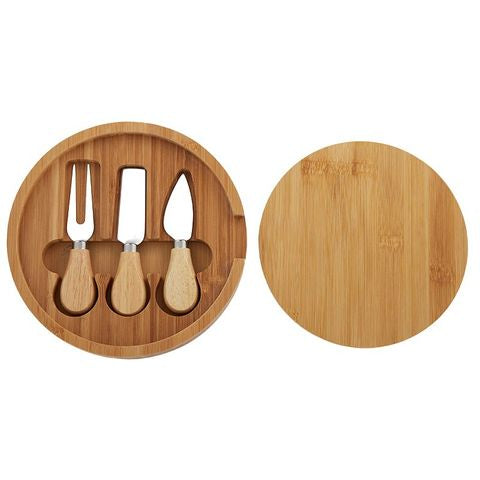 Round Bamboo Cheese Board & Knives Set
