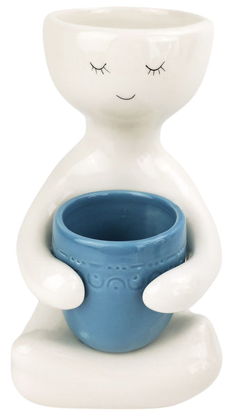 Person Holding a Blue Pot Planter