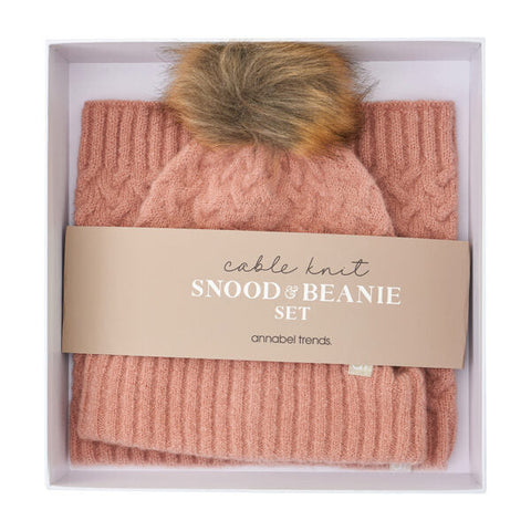 Dusty Pink Cable Knit Beanie & Snood Set