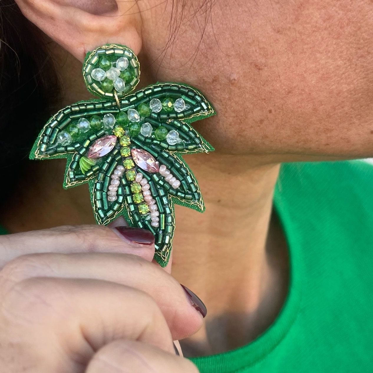 beaded monstera earrings Monstera Beaded Earrings – Kat's Living Gifts