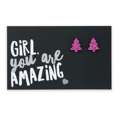 Pink Christmas Tree Glitter Earrings