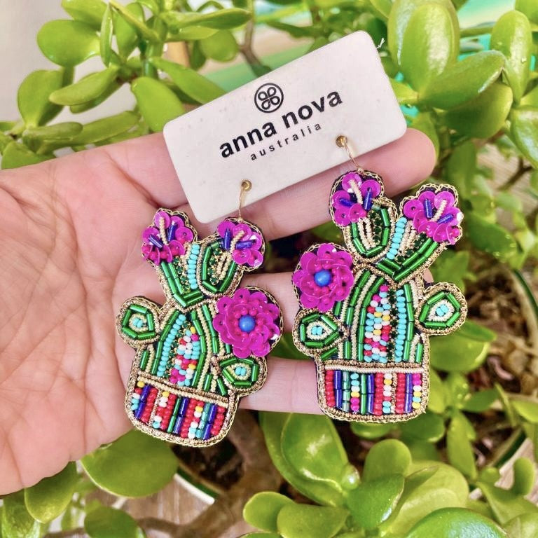 Hand Beaded Cactus Earrings