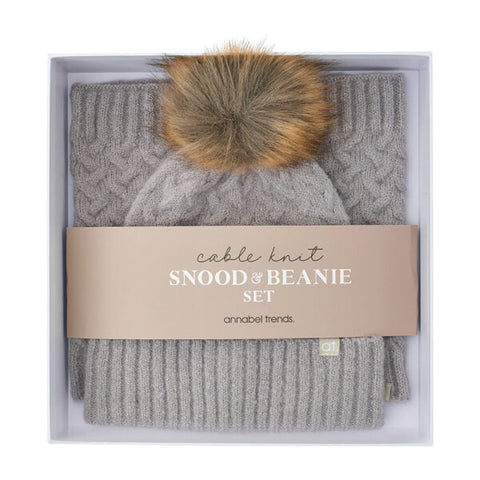 Cable Knit Beanie & Snood Set | Grey