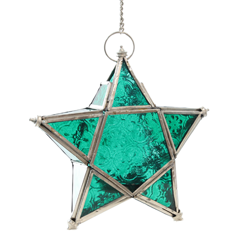 Glass Star Hanging Lantern | Aqua