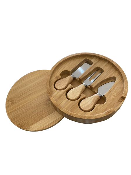Round Bamboo Cheese Board & Knives Set